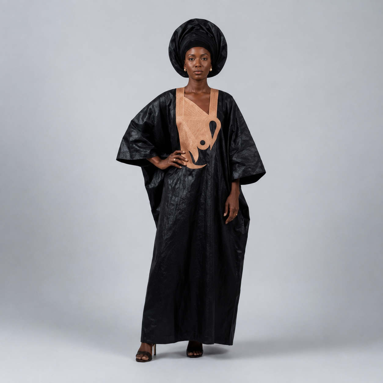 Black Embossed Brocade Boubou — Nude Appliqué Bib with Gele