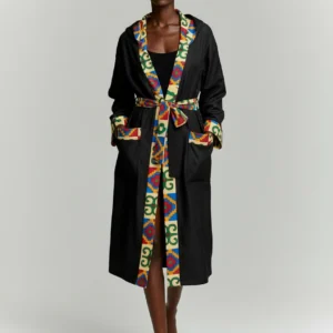 Black Belted Robe Coat — Kente Multicolour Ankara Trim
