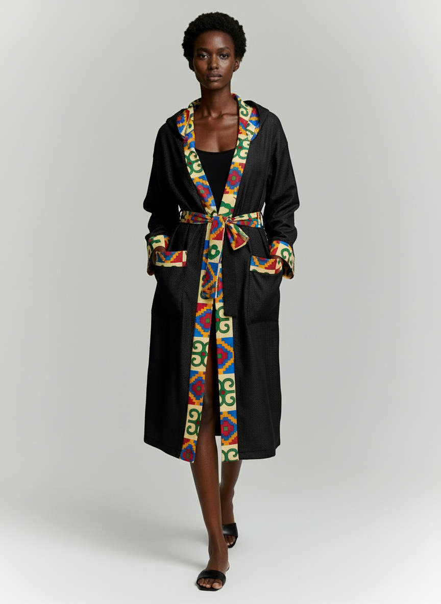 Black Belted Robe Coat — Kente Multicolour Ankara Trim