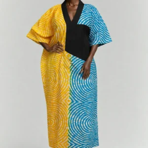 Colourblock Ankara Boubou — Yellow & Teal Spiral Print