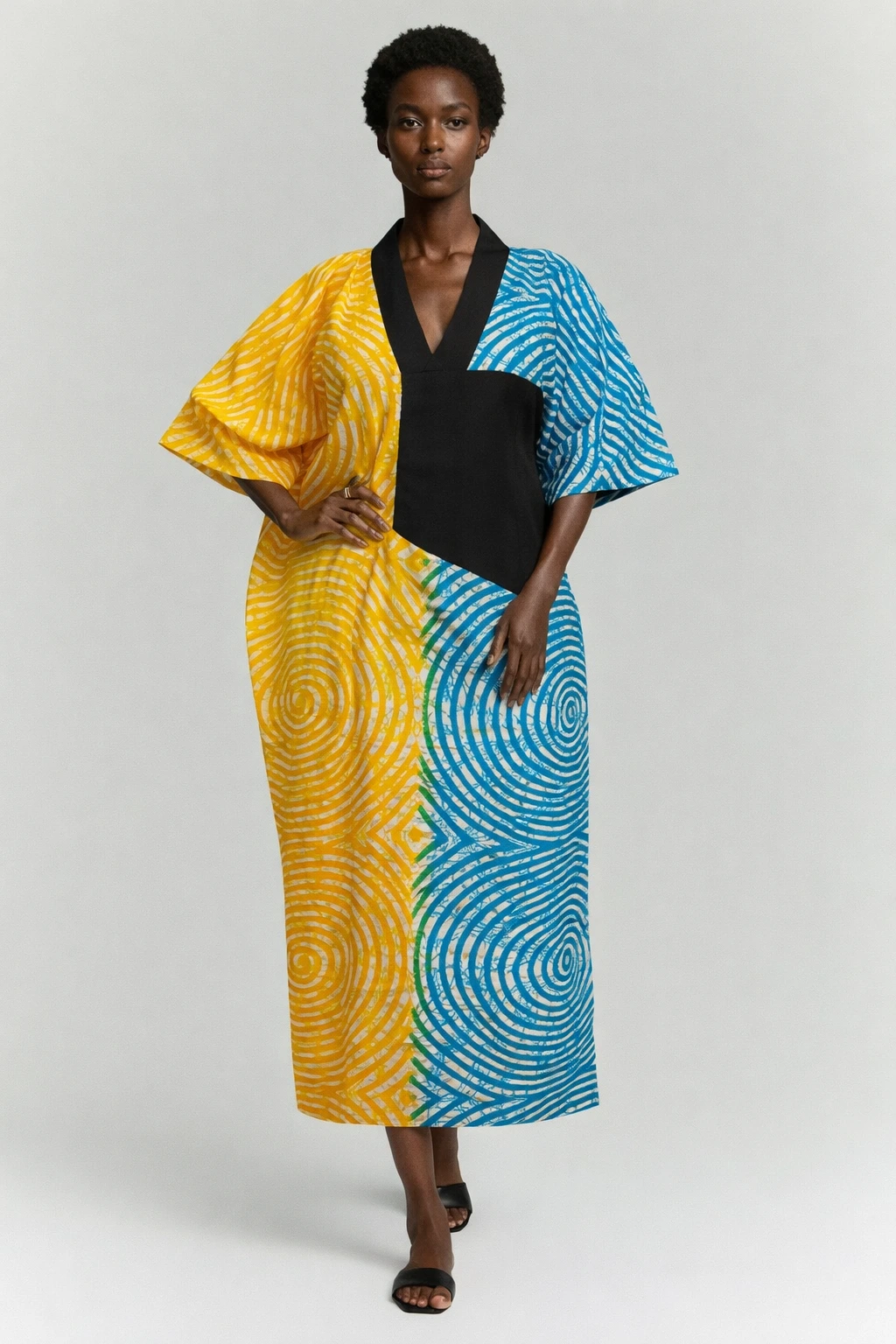 Colourblock Ankara Boubou — Yellow & Teal Spiral Print