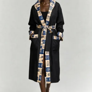 Black Belted Robe Coat — Blue & Cream Adinkra Symbol Trim