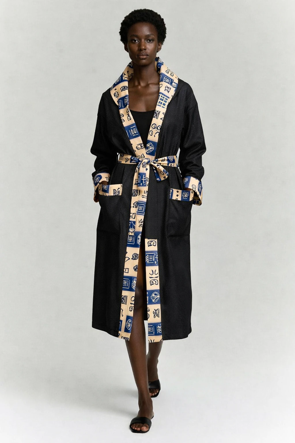 Black Belted Robe Coat — Blue & Cream Adinkra Symbol Trim