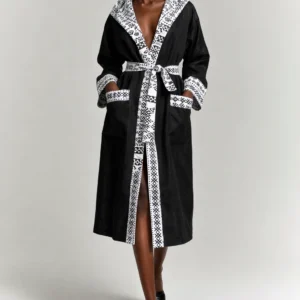 Black Belted Robe Coat — Black & White Geometric Ankara Trim