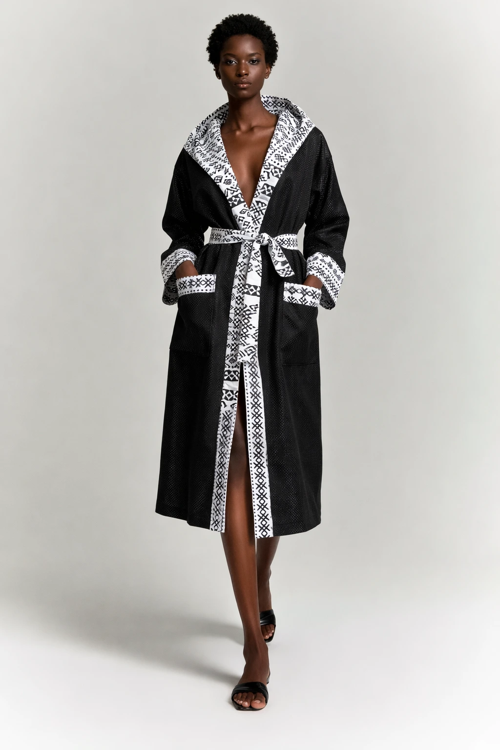 Black Belted Robe Coat — Black & White Geometric Ankara Trim