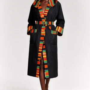 Black Belted Robe Coat — Kente Stripe Trim (Orange, Red, Green, Yellow)