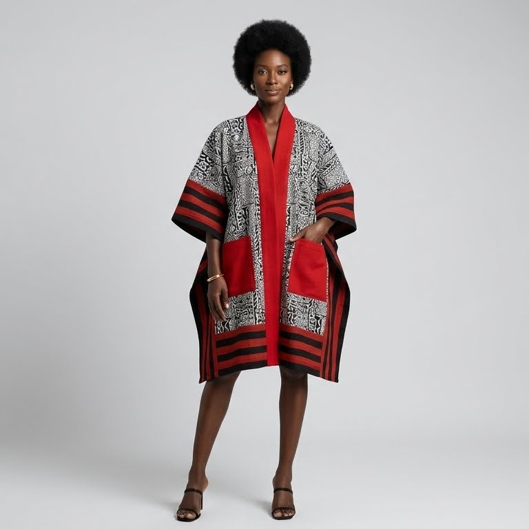 Black & White Adire Print Kimono with Red Trim