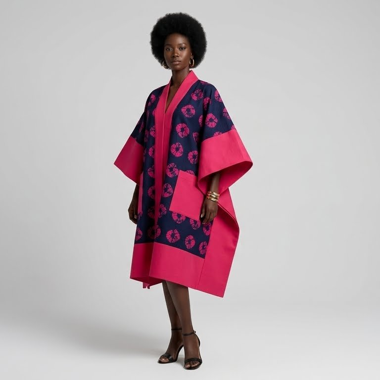 Navy & Hot Pink Circular Print Asoke Kimono