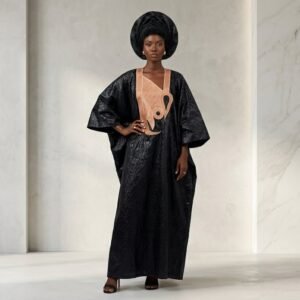 Black Embossed Brocade Boubou — Nude Appliqué Bib with Gele