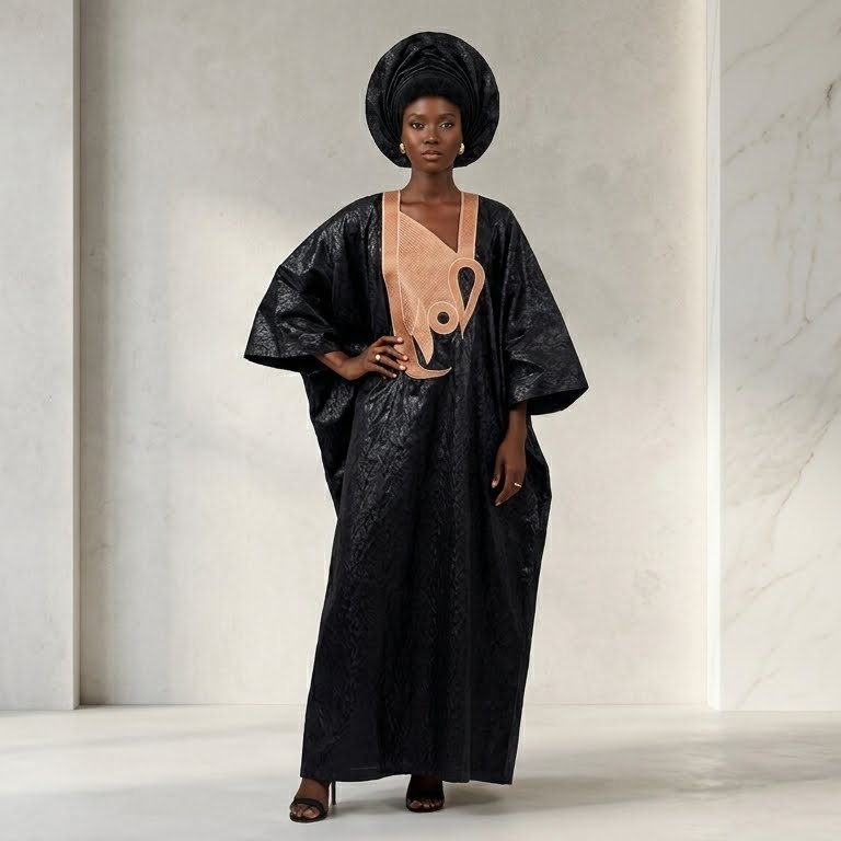 Black Embossed Brocade Boubou — Nude Appliqué Bib with Gele