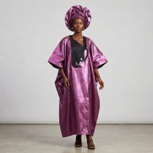 Metallic Fuchsia Brocade Boubou — Black Appliqué Bib with Gele