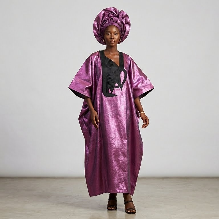 Metallic Fuchsia Brocade Boubou — Black Appliqué Bib with Gele