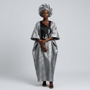 Silver Brocade Boubou — Black Appliqué Bib with Gele
