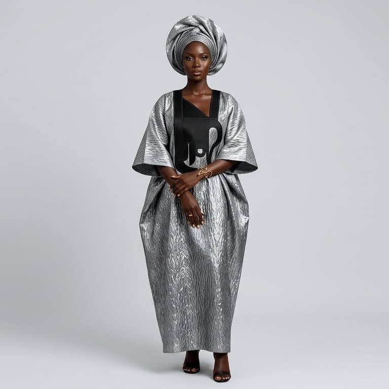 Silver Brocade Boubou — Black Appliqué Bib with Gele
