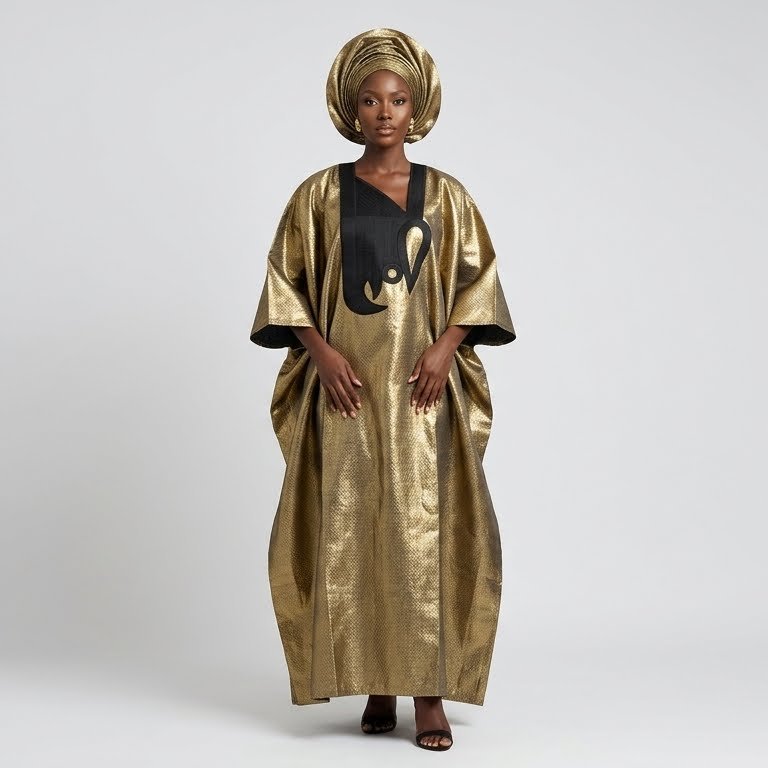 Gold Metallic Brocade Boubou — Black Appliqué Bib with Gele