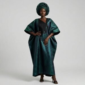 Emerald Green Iridescent Brocade Boubou — Black Appliqué Bib with Gele