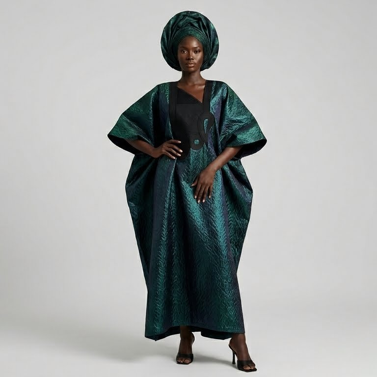 Emerald Green Iridescent Brocade Boubou — Black Appliqué Bib with Gele