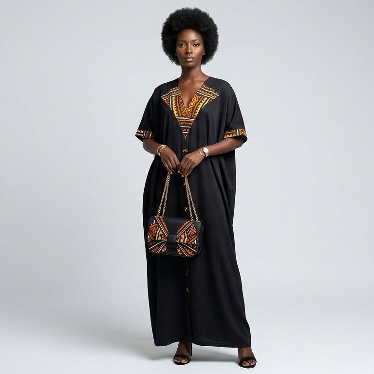 Black Dashiki Kaftan with Matching Chain Bag