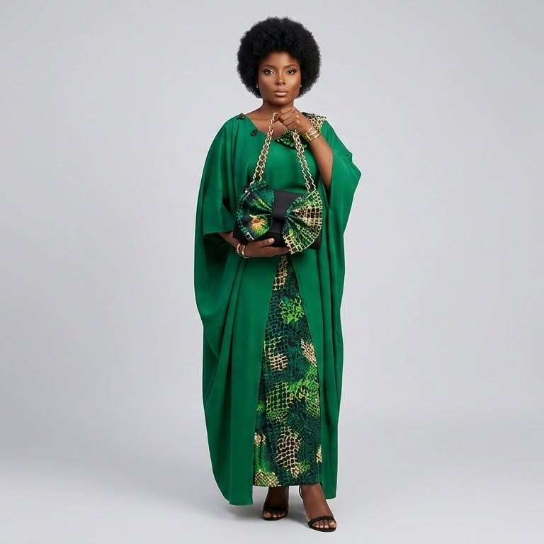 Emerald Green Cape Kaftan with Animal Print & Matching Bag