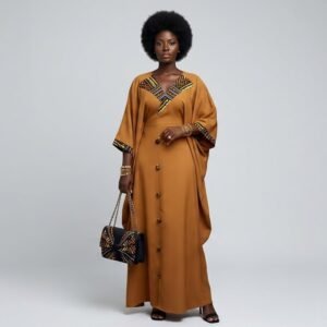 Caramel Boubou Kaftan with Geometric Embroidery & Matching Bag