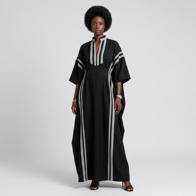 Black Batwing Kaftan with Silver Stripe Panels