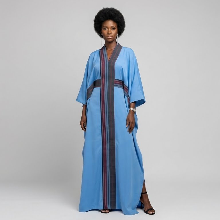 Sky Blue Kaftan with Multicolour Stripe Panel