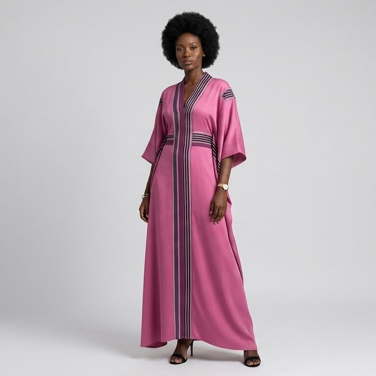 Dusty Rose Kaftan with Navy Stripe Detail