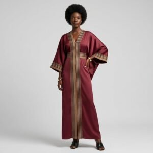 Deep Burgundy Satin Kaftan with Gold Stripe Trim