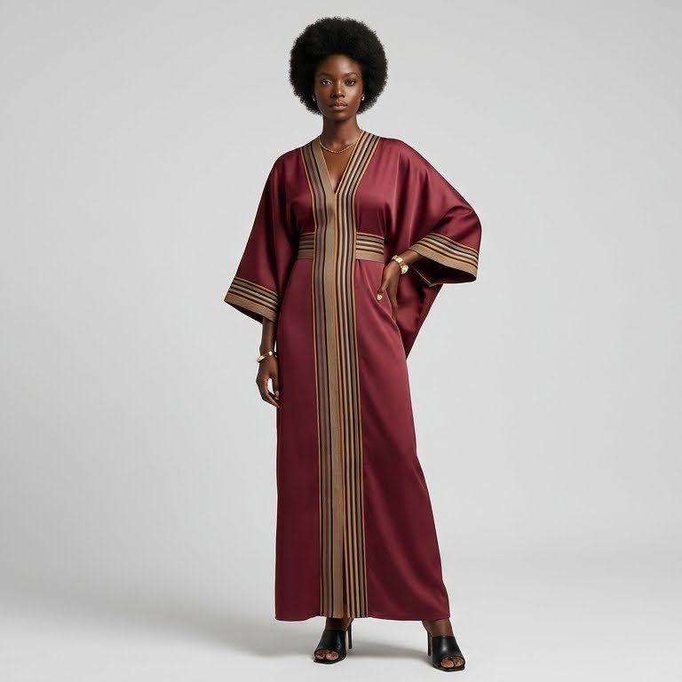 Deep Burgundy Satin Kaftan with Gold Stripe Trim