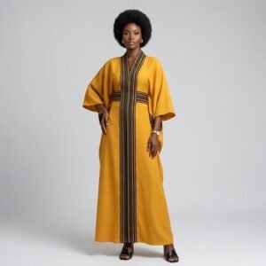 Mustard Yellow Kaftan with Dark Stripe Panel