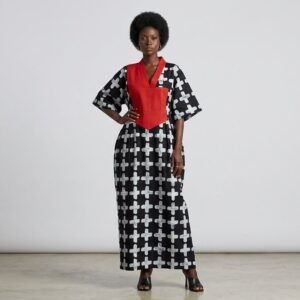 Black & White Cross-Print Ankara Boubou with Red Bib Panel