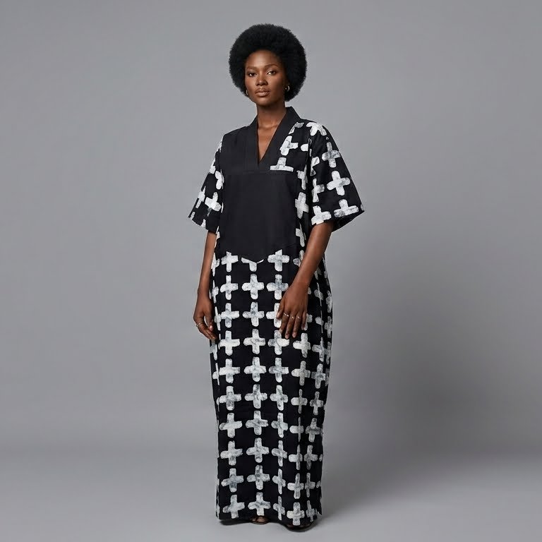 Black & White Cross-Print Ankara Boubou
