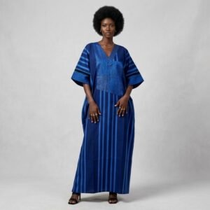 Royal Blue Asoke Stripe Boubou with Lace Bib