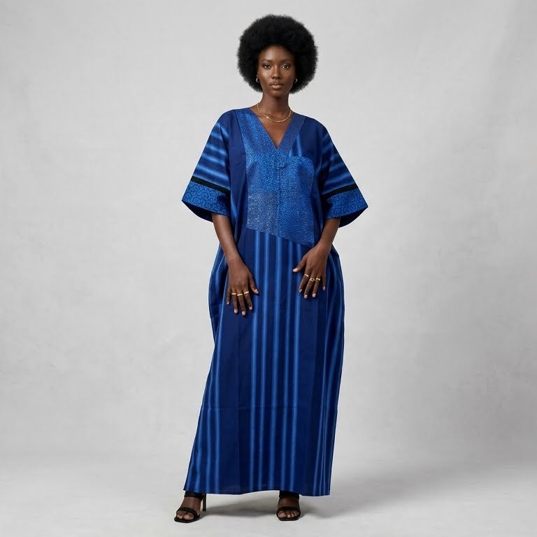 Royal Blue Asoke Stripe Boubou with Lace Bib