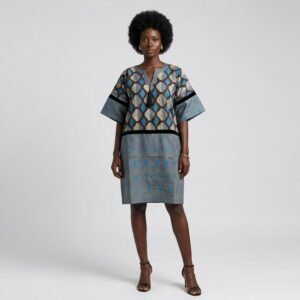 Woven Ankara Short Dress in Grey-Blue