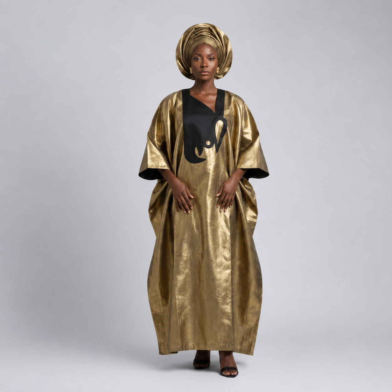 Gold Metallic Brocade Boubou — Black Appliqué Bib with Gele