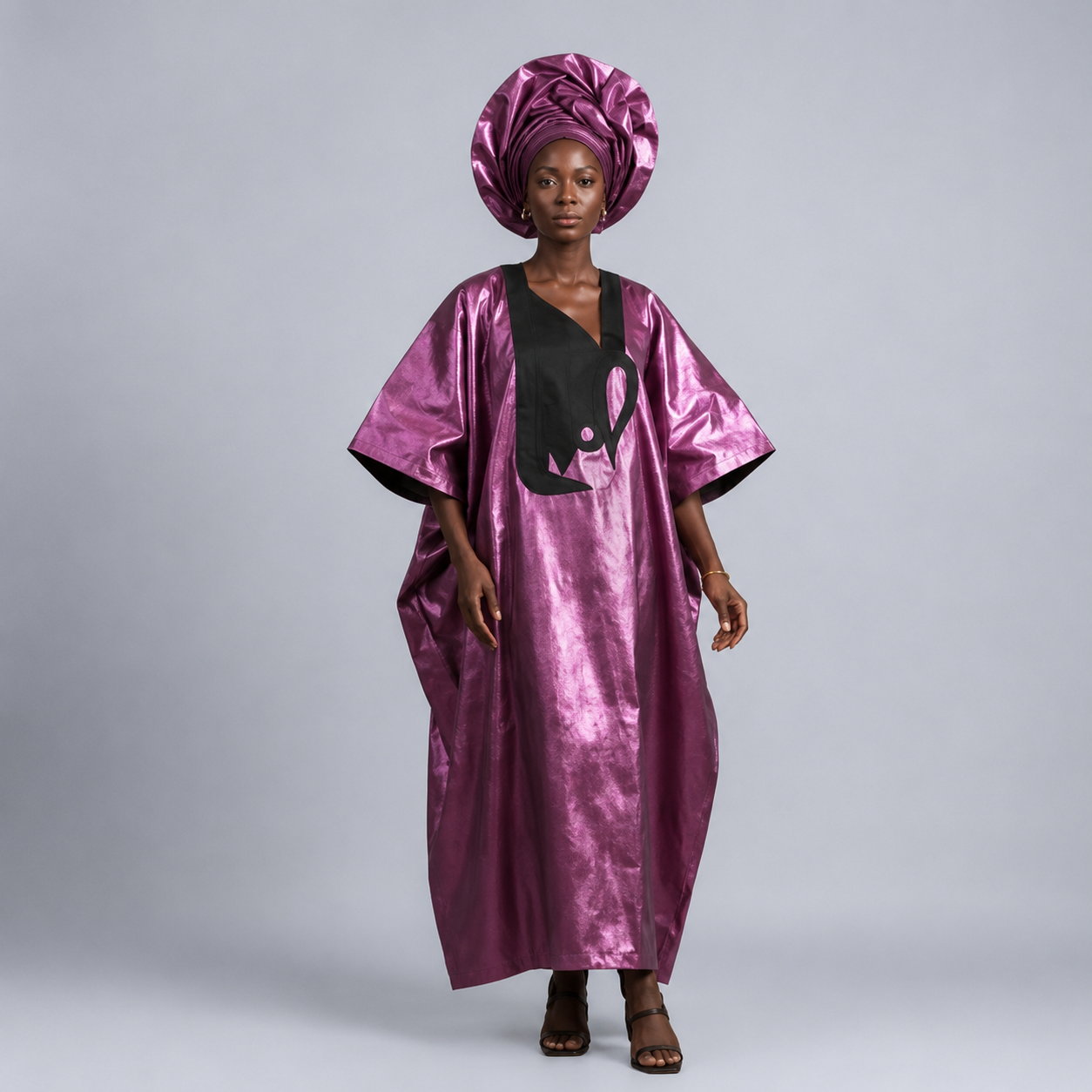 Metallic Fuchsia Brocade Boubou — Black Appliqué Bib with Gele